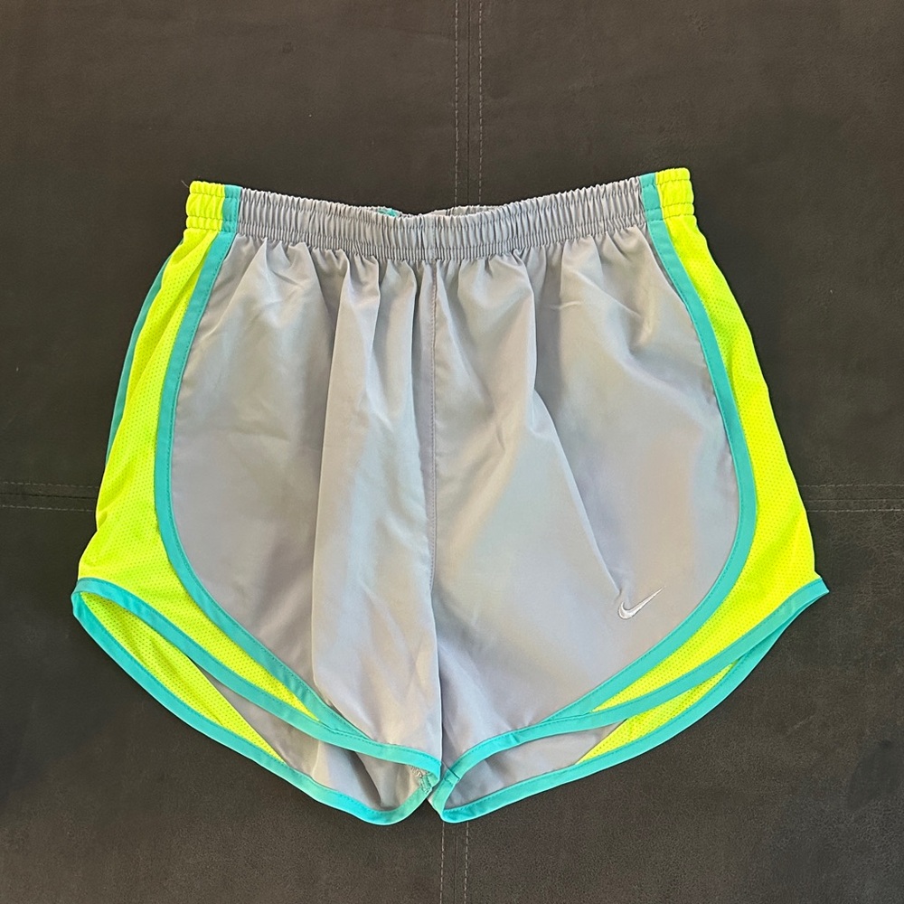Nike Women's Dri-Fit Tempo Gray Shorts with Bright Yellow and Teal Accents